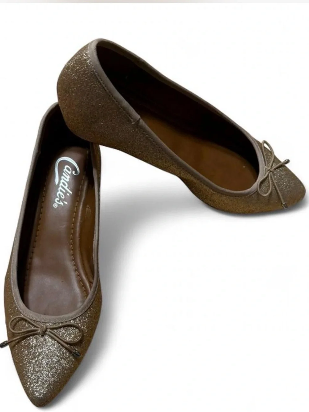 Glitter Pointed-Toe Ballet Flats in Champagne